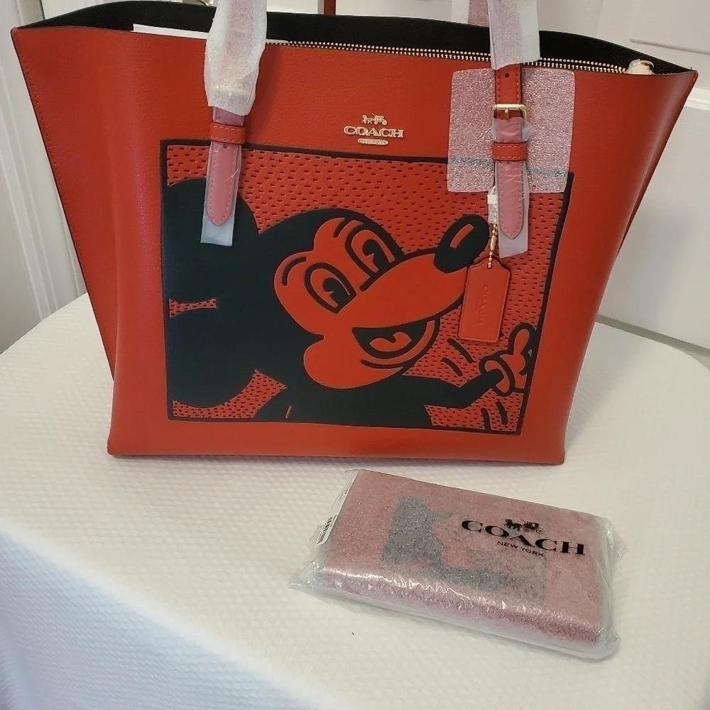NWT Coach Disney Mickey Mouse X Keith Haring Leather Mollie Tote & Wallet Set
